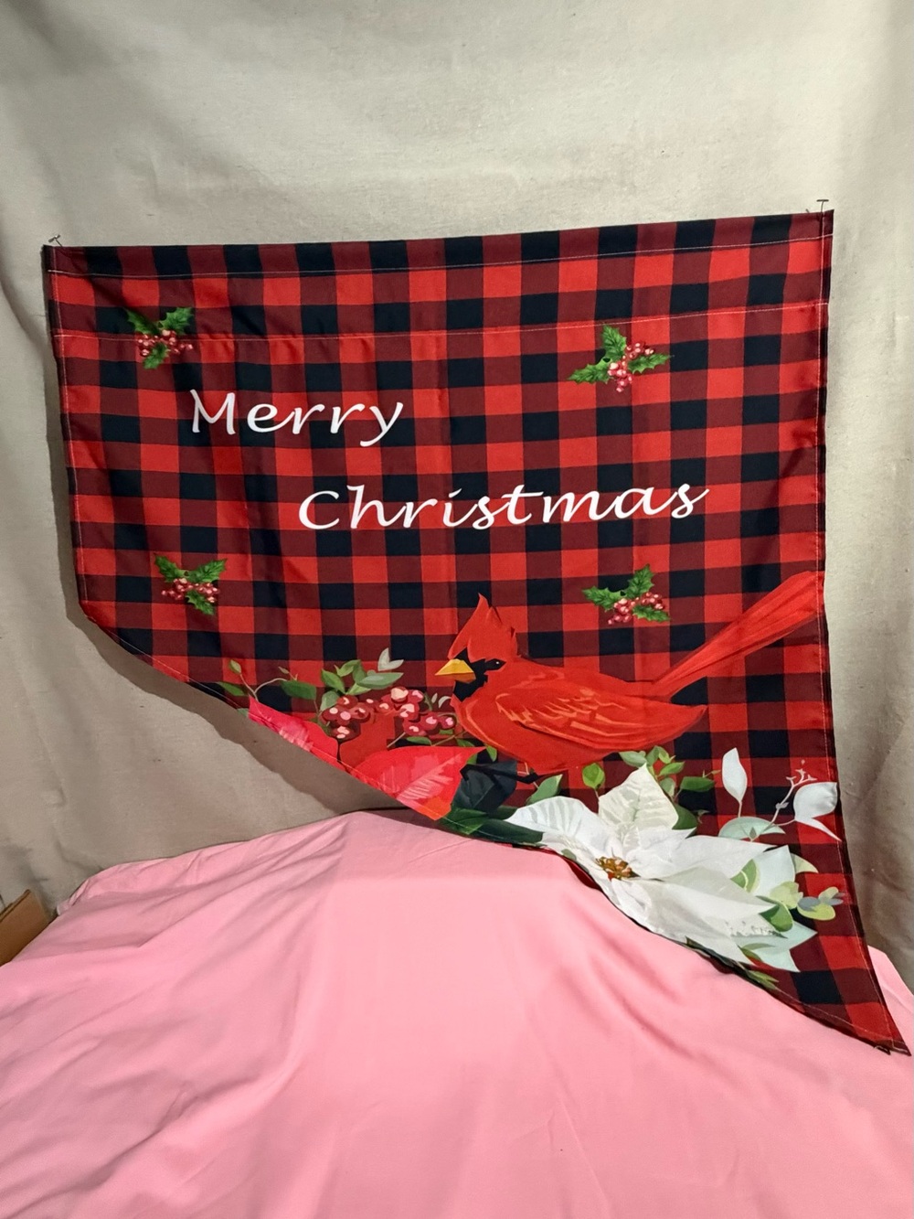 Holiday 'Merry Christmas' Red Buffalo Plaid Valance with Cardinal